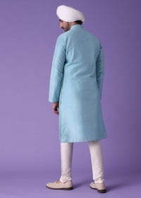 Blue Pleated Kurta Set in Cotton Silk With Mirror Work