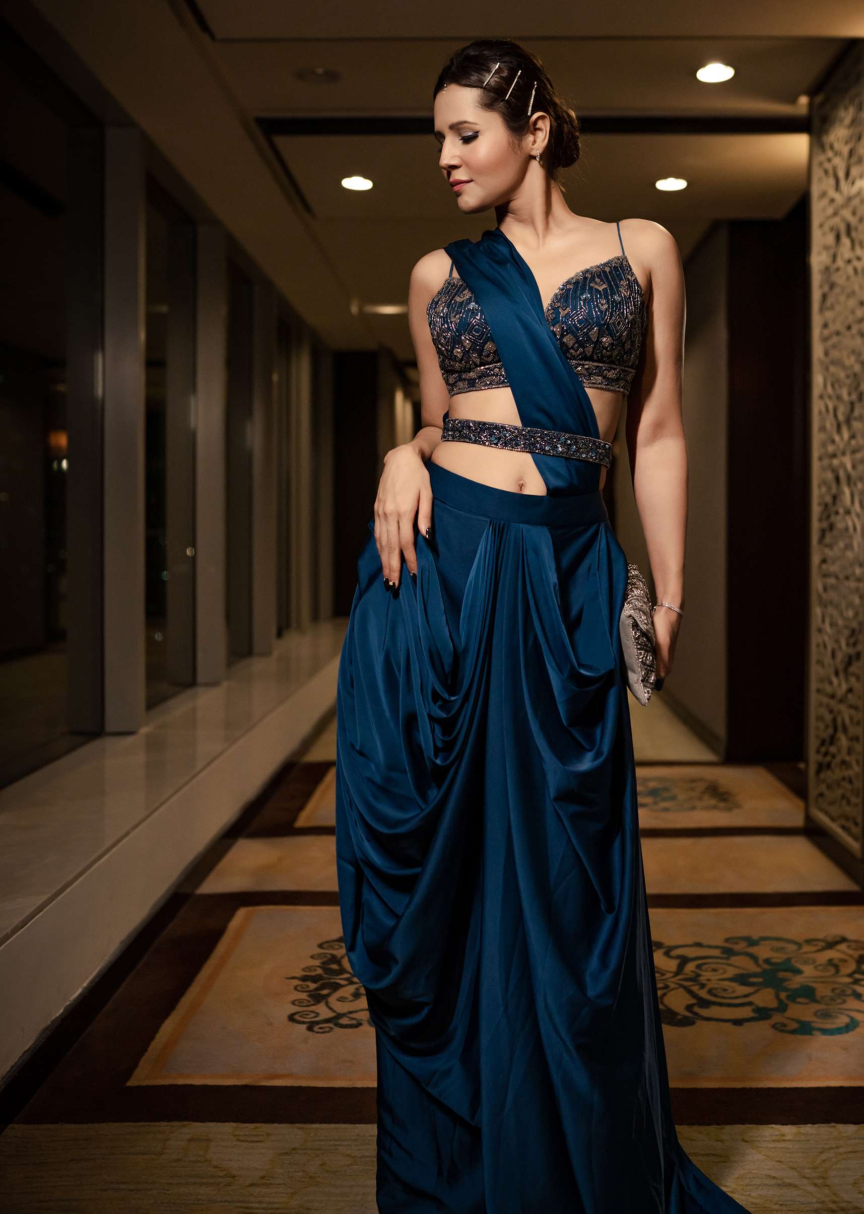 Persian Blue Pre-Pleated Satin Saree With Embroidered Blouse And Belt