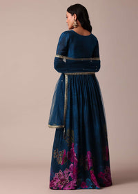 Blue Printed Anarkali In Chiffon With Dupatta