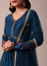 Blue Printed Anarkali In Chiffon With Dupatta