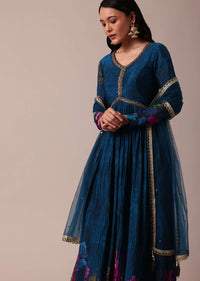 Blue Printed Anarkali In Chiffon With Dupatta