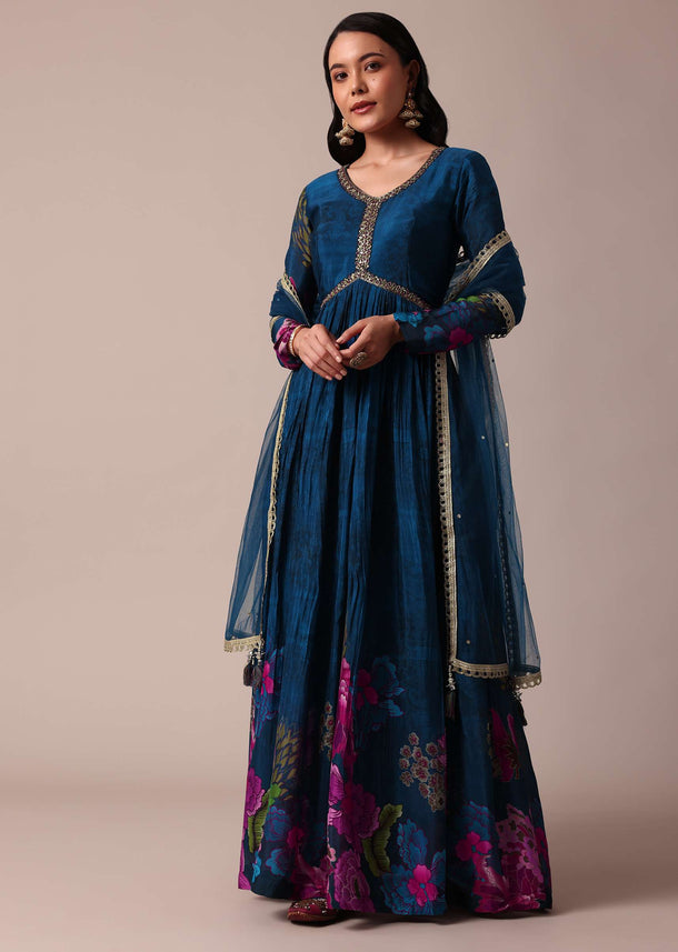 Blue Printed Anarkali In Chiffon With Dupatta