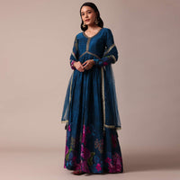 Blue Printed Anarkali In Chiffon With Dupatta