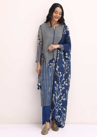 Blue Printed Chanderi Kurta Set With Dupatta