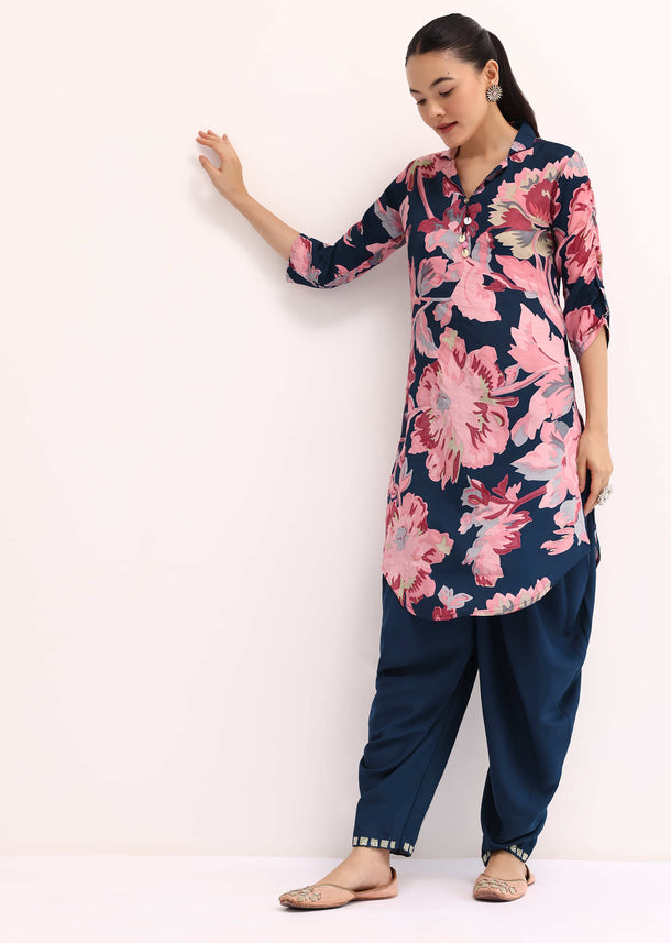 Blue Printed Cotton Kurta Dhoti