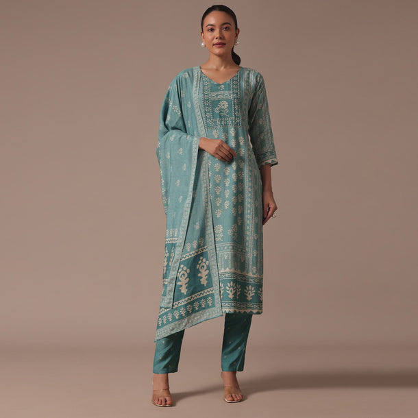 Blue Printed Cotton Kurta Pant Set