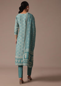 Blue Printed Cotton Kurta Pant Set