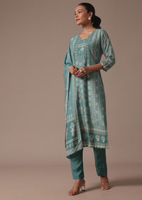 Blue Printed Cotton Kurta Pant Set