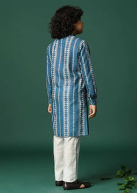 Blue Printed Cotton Silk Kurta Pant For Boys