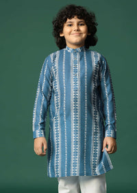 Blue Printed Cotton Silk Kurta Pant For Boys