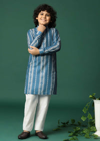 Blue Printed Cotton Silk Kurta Pant For Boys