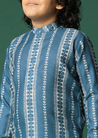 Blue Printed Cotton Silk Kurta Pant For Boys
