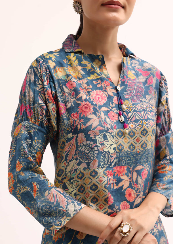 Blue Printed Crepe Kurta Dhoti