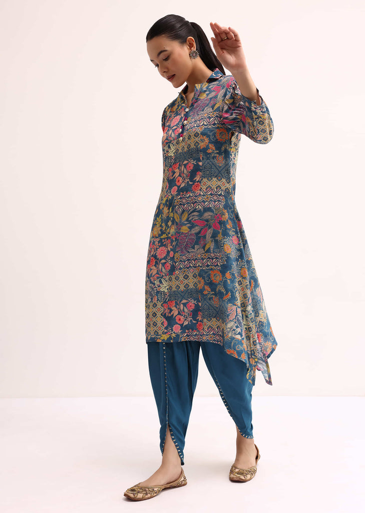 Blue Printed Crepe Kurta Dhoti