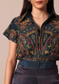 Blue Printed Festive Crop Top With Embroidered Jacket And Palazzo Set