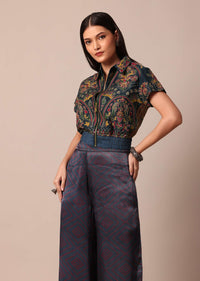 Blue Printed Festive Crop Top With Embroidered Jacket And Palazzo Set