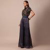 Blue Printed Festive Crop Top With Embroidered Jacket And Palazzo Set