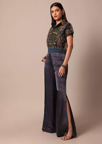 Blue Printed Festive Crop Top With Embroidered Jacket And Palazzo Set