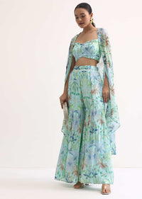 Blue Printed Georgette Sharara With Cape
