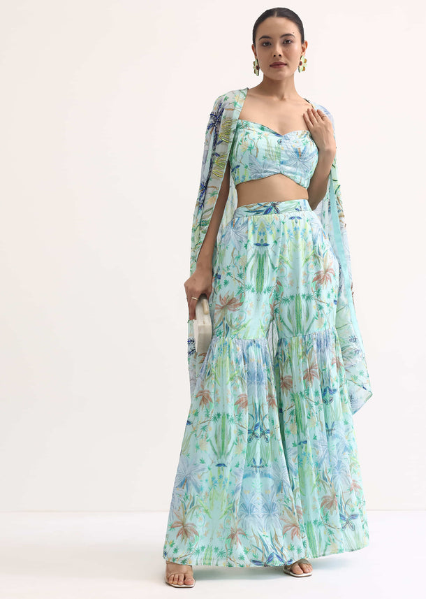 Blue Printed Georgette Sharara With Cape