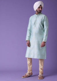 Blue Printed Kurta Set In Cotton Silk