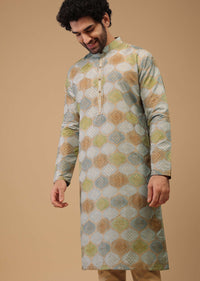 Blue Printed Kurta Set In Handwoven Silk