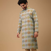 Blue Printed Kurta Set In Handwoven Silk