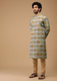 Blue Printed Kurta Set In Handwoven Silk