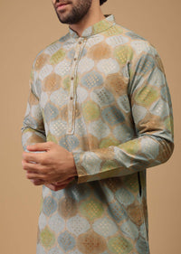 Blue Printed Kurta Set In Handwoven Silk