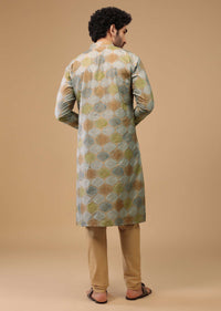 Blue Printed Kurta Set In Handwoven Silk