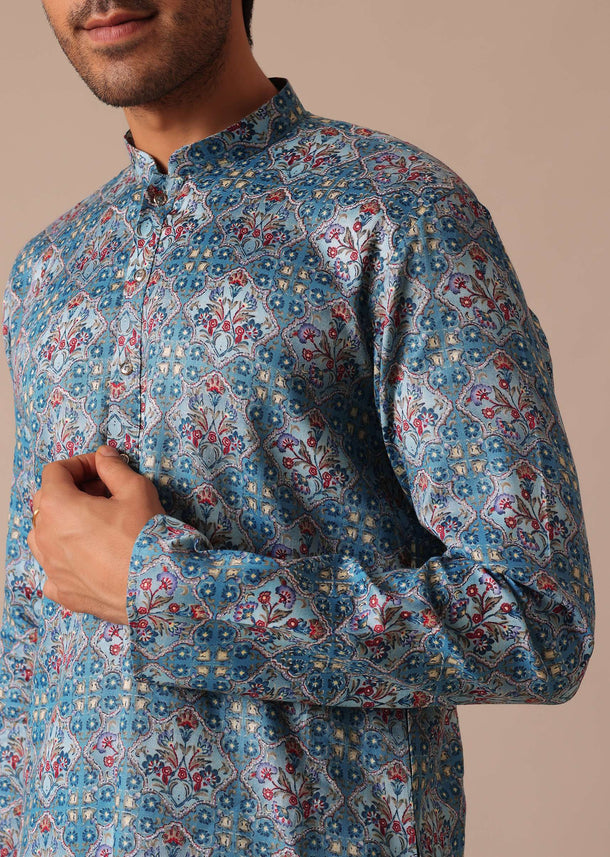 Blue Printed Kurta Set In Satin