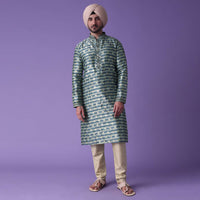 Blue Printed Kurta Set In Silk With Golden Buttis