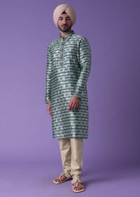 Blue Printed Kurta Set In Silk With Golden Buttis