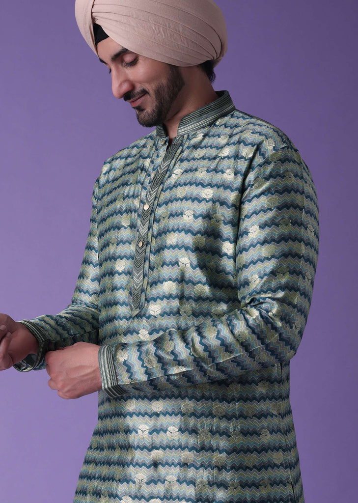 Blue Printed Kurta Set In Silk With Golden Buttis