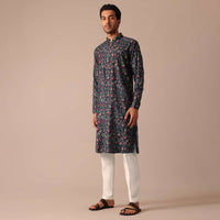 Bottle Green Printed Kurta Set With Front Zipper
