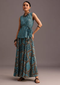 Blue Printed Kurti Palazzo Set With Embroidery