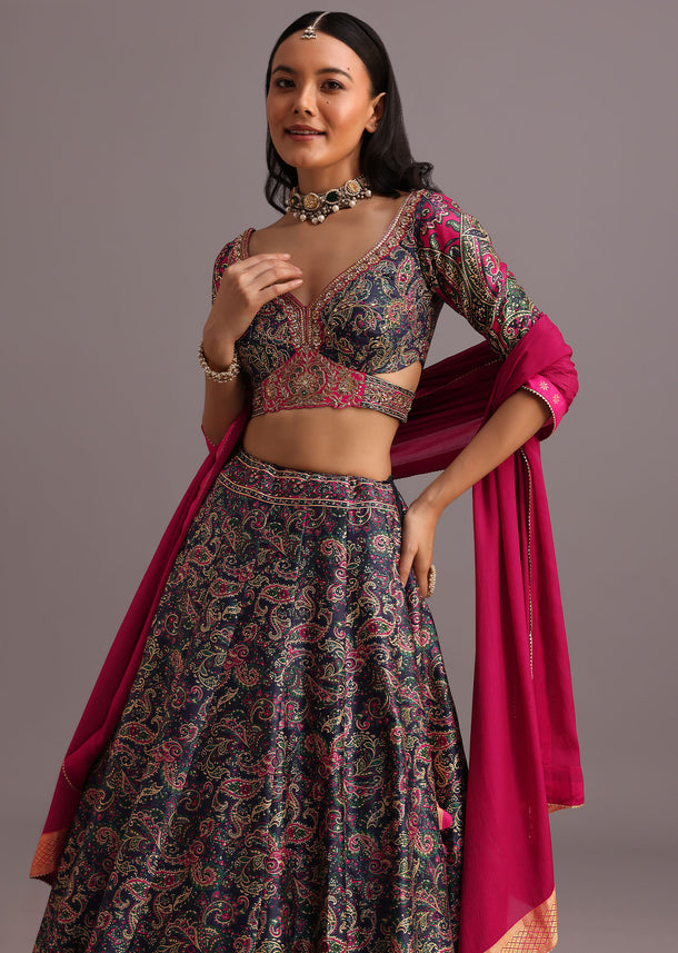 Blue Printed Lehenga Choli With Banarasi Weave Bordered Dupatta