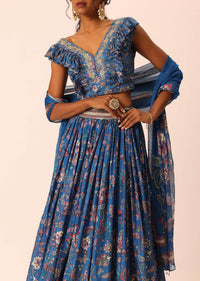 Blue Printed Lehenga Set In Silk