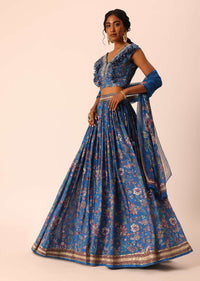 Blue Printed Lehenga Set In Silk