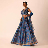 Blue Printed Lehenga Set In Silk