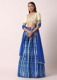 Blue Printed Lehenga Set In Silk With Cutdana Work