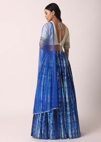 Blue Printed Lehenga Set In Silk With Cutdana Work
