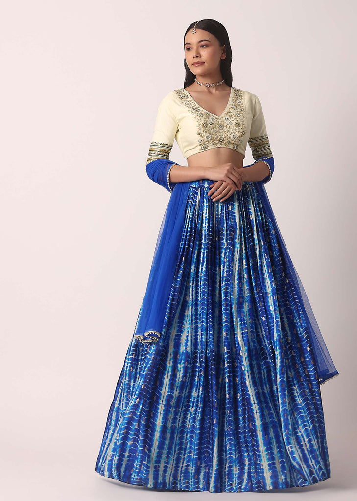 Blue Printed Lehenga Set In Silk With Cutdana Work