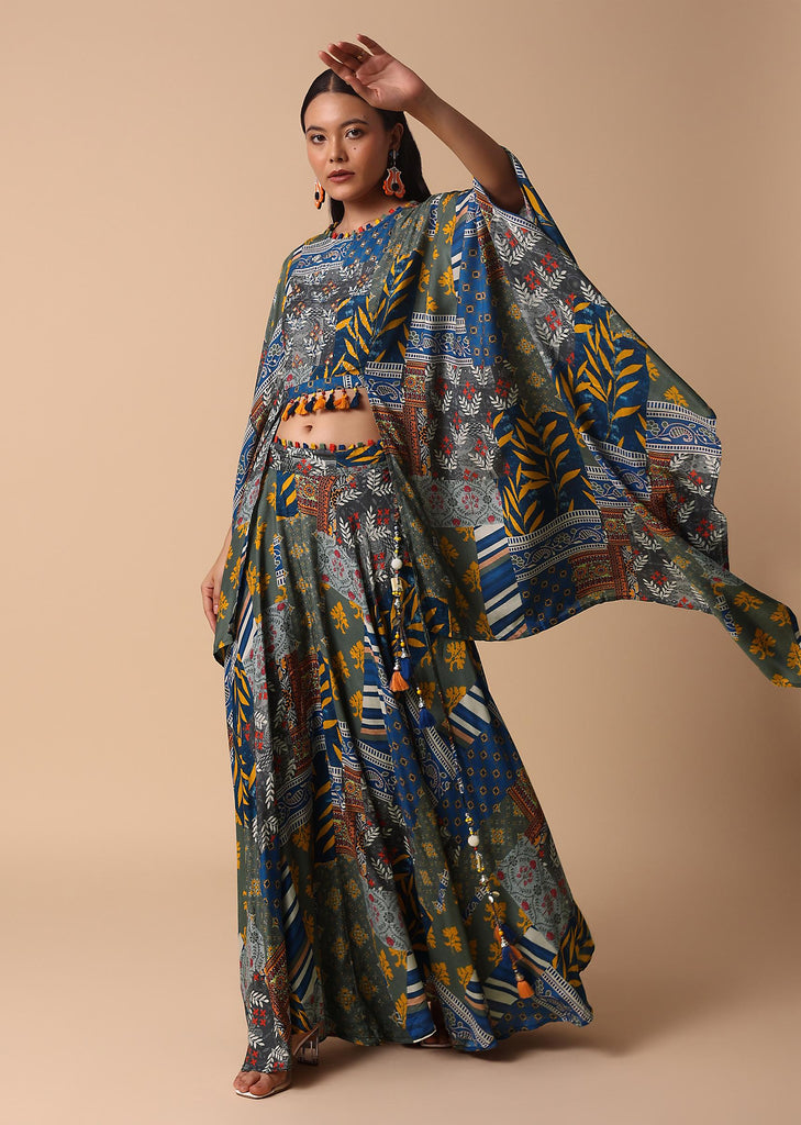 Blue Printed Lehenga With Embroidered Crop Top