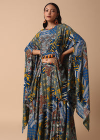 Blue Printed Lehenga With Embroidered Crop Top