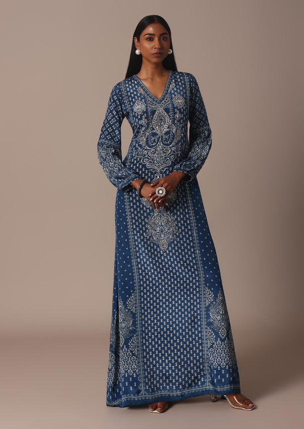 Blue Printed Long Kurti With Gota Work