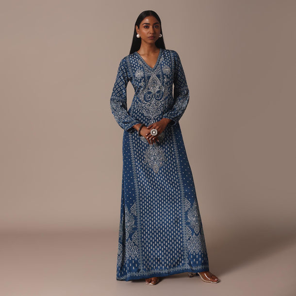 Blue Printed Long Kurti With Gota Work