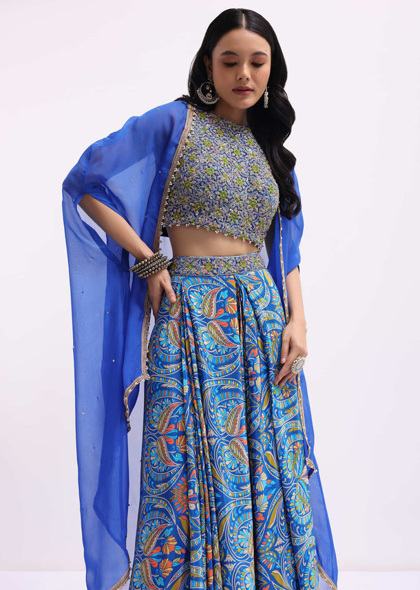 Blue Printed Net Crop Top And Skirt Set