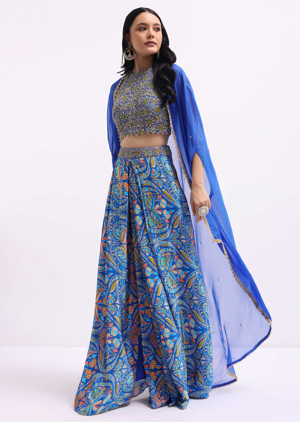 Blue Printed Net Crop Top And Skirt Set