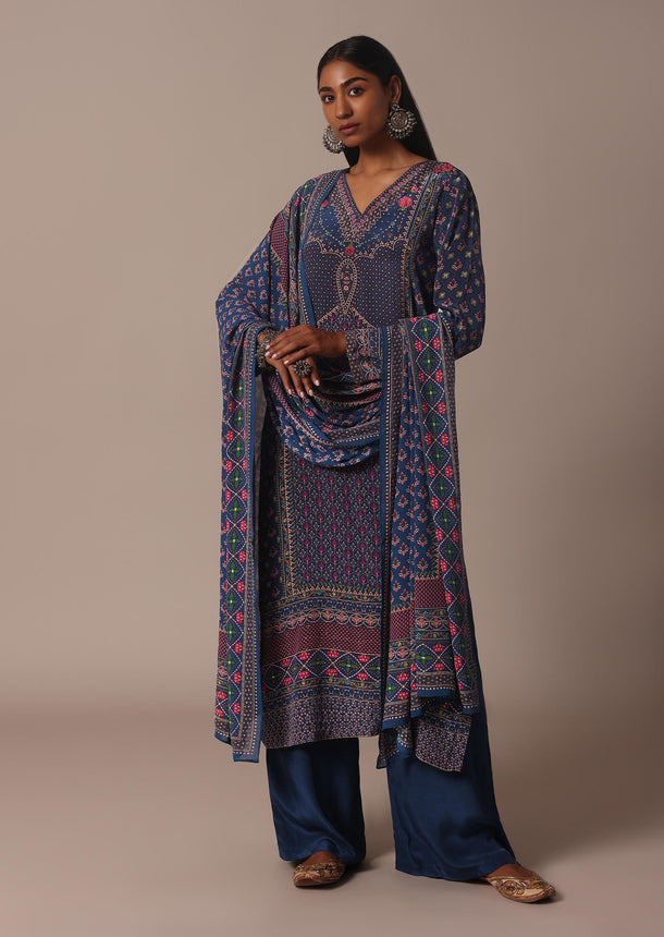 Blue Printed Palazzo Set With Stone Embellished Kurta